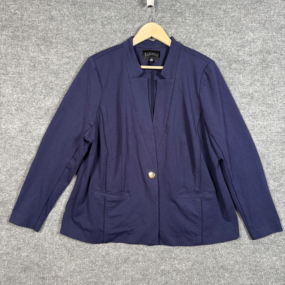 Eloquii Womens 20 Blazer Jacket Navy Blue One Button Nylon Blend Office Career